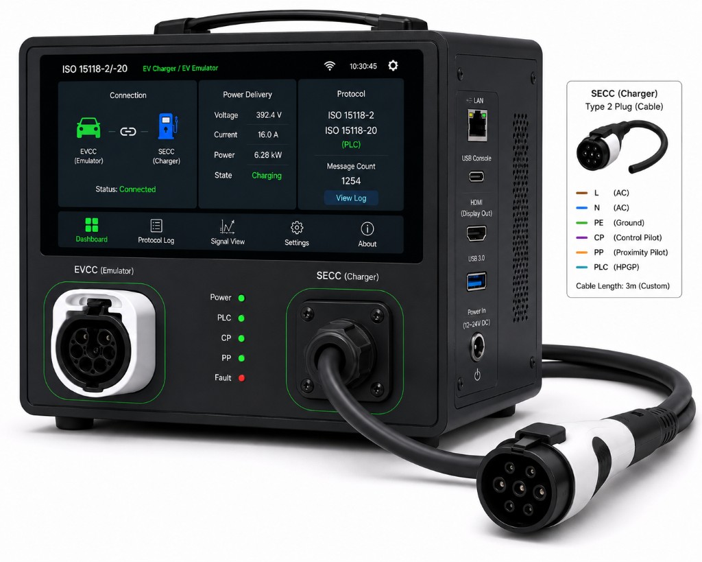 XLink EV Emulator with Type 2 EVCC inlet and SECC cable, integrated ISO 15118-2/-20 dashboard, and LAN, USB, and HDMI connectivity